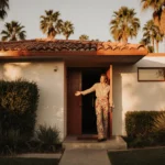 Homeowner welcoming guests at midcentury modern entrance with palm trees and terracotta roof glowing in golden hour light