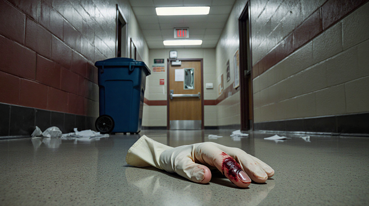 White medical glove lying on dim hallway floor with severed fingertip and faint red tint near broken door to janitor's closet