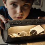 Middle schooler opens a time capsule with nostalgic relics and a faint glow while faded photos blur behind.