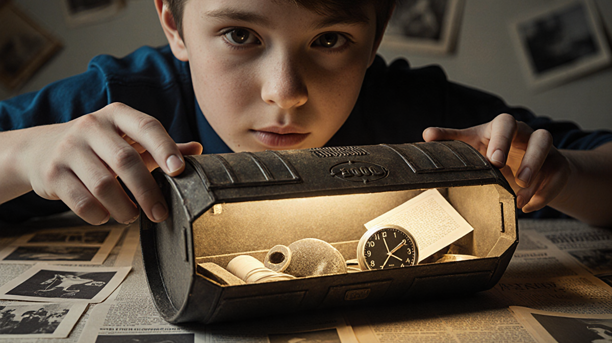 Middle schooler opens a time capsule with nostalgic relics and a faint glow while faded photos blur behind.