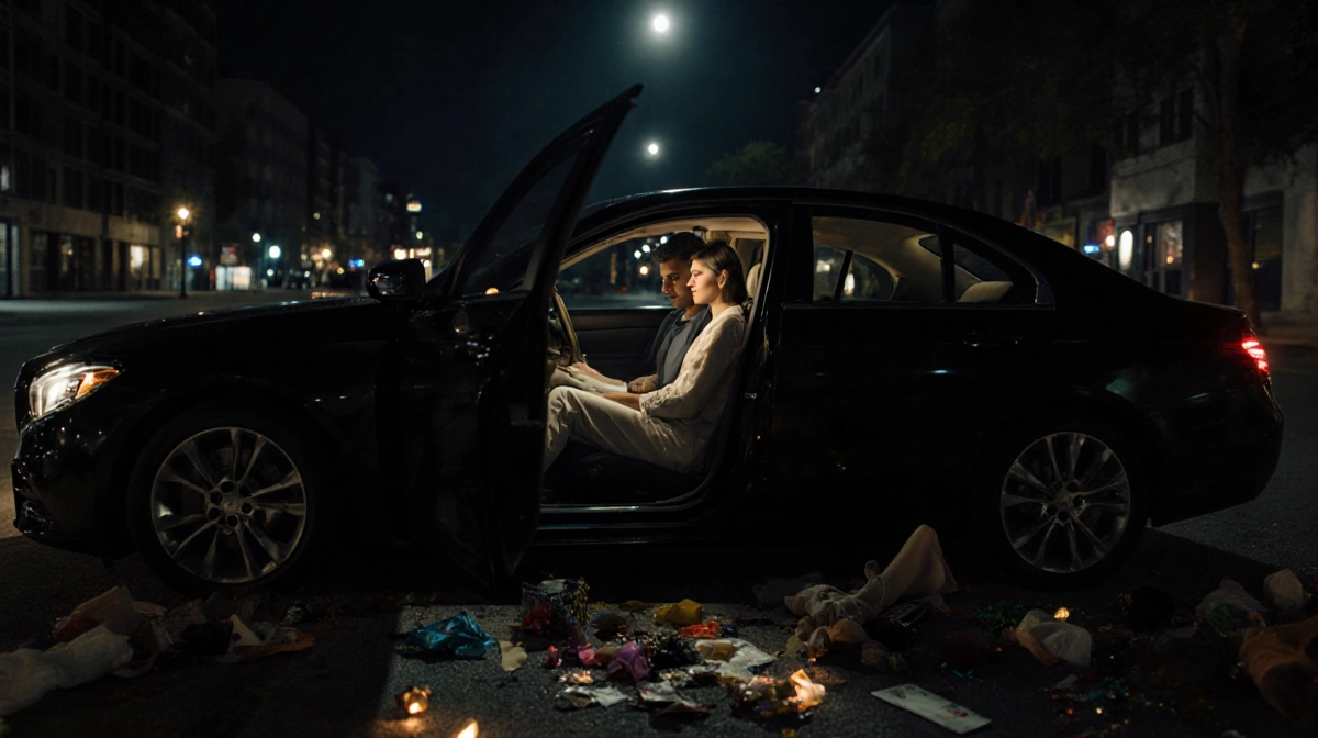 Two people sit in car after party with dashboard lights illuminating their faces and party decorations scattered on the groun