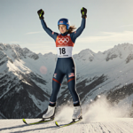 Mikaela Shiffrin raises arms in victory after a figure skating run on a snowy slope with the Italian Alps behind