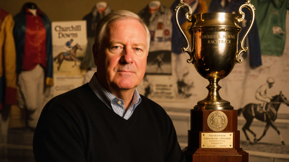 Mike Anderson standing with a racing trophy on a pedestal at Churchill Downs, golden lighting highlighting proud expression.
