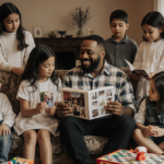 Mike Epps sits on a worn couch with his seven children gathered around warm lighting and family bonding.