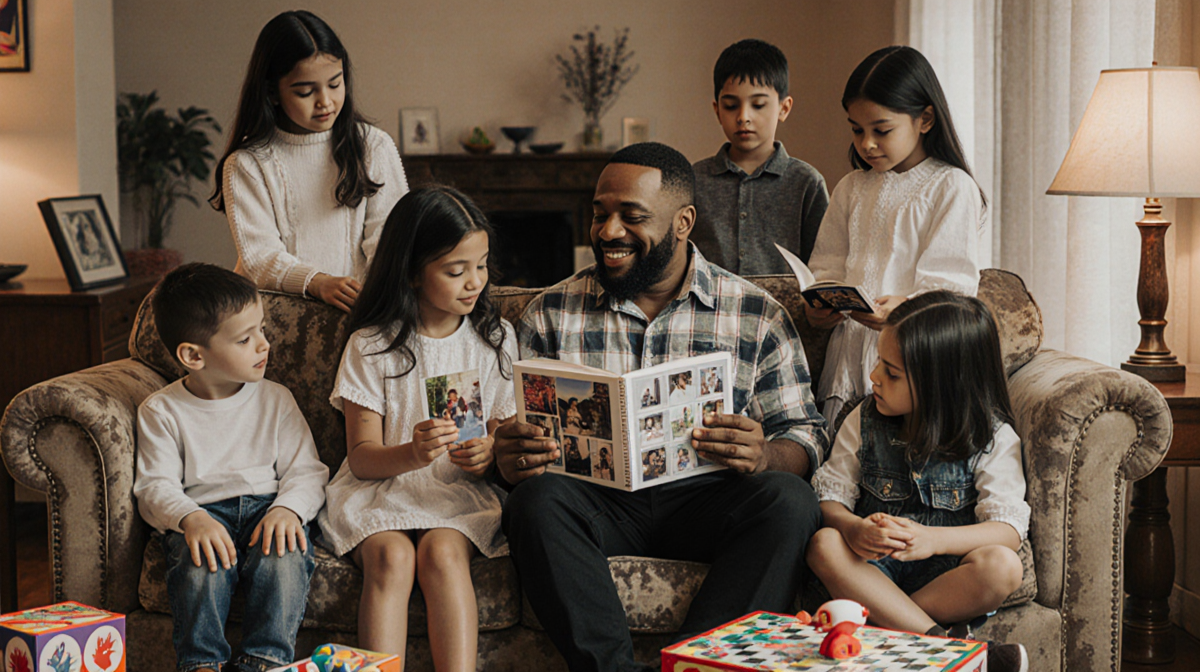 Mike Epps sits on a worn couch with his seven children gathered around warm lighting and family bonding.