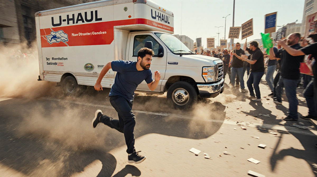 Mike Hirad sprinting after speeding U-Haul truck with protesters chasing behind and dust flying