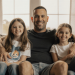 Mike Sorrentino sits with his children Romeo Mia and Luna on a couch natural light highlighting family sobriety and parenting