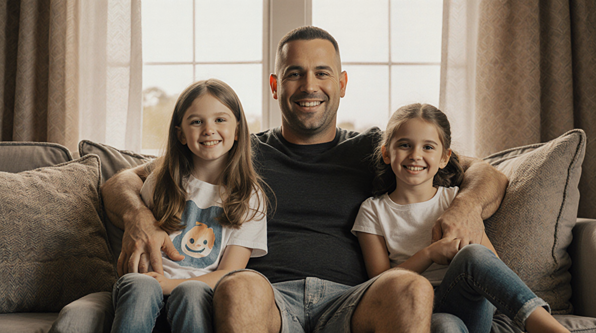 Mike Sorrentino sits with his children Romeo Mia and Luna on a couch natural light highlighting family sobriety and parenting