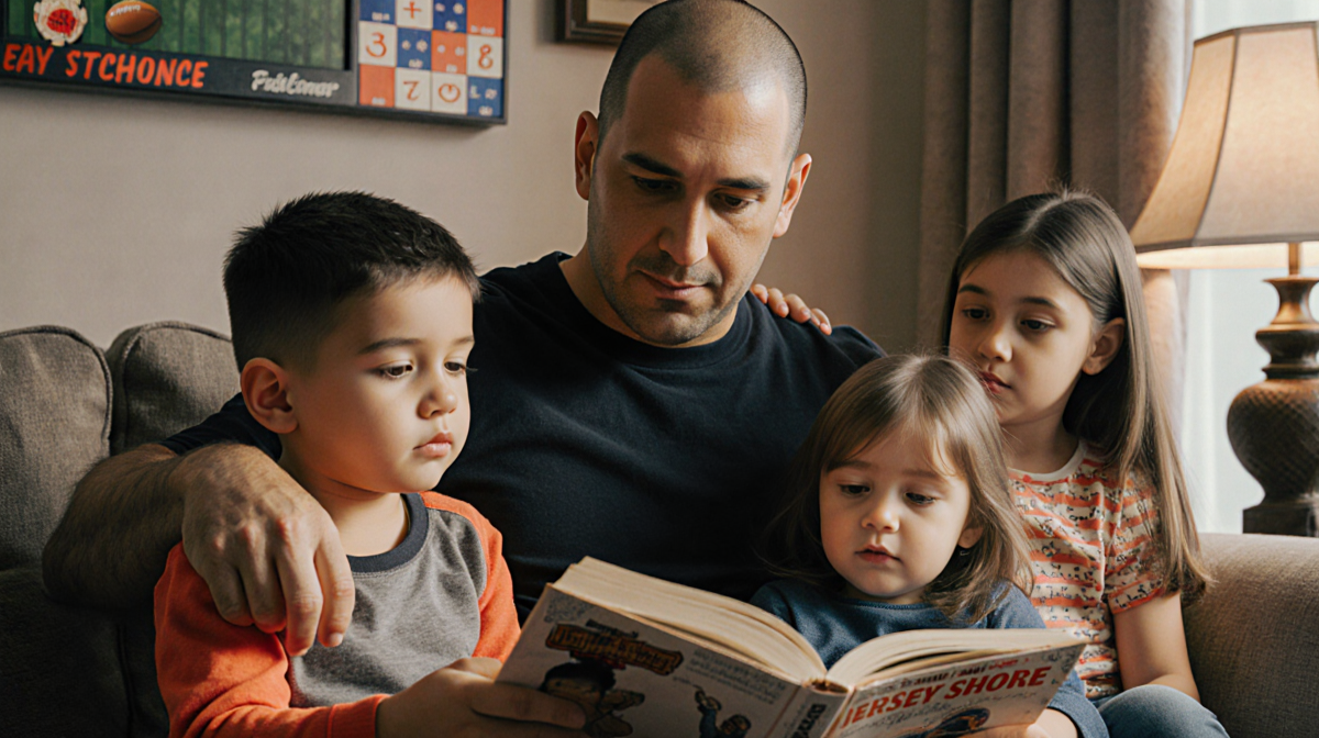 Mike reading to his children with fatherhood and family warmth and subtle Jersey Shore decor