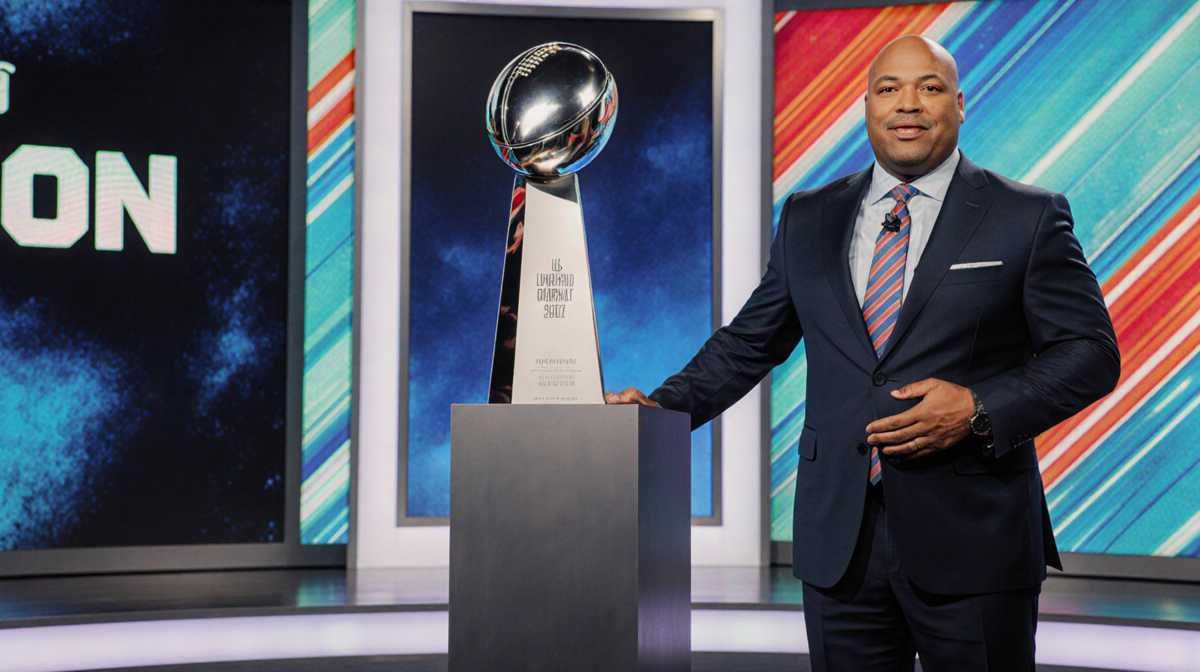Mike Tirico stands excitedly in front of a trophy case with the Lombardi Trophy shining.