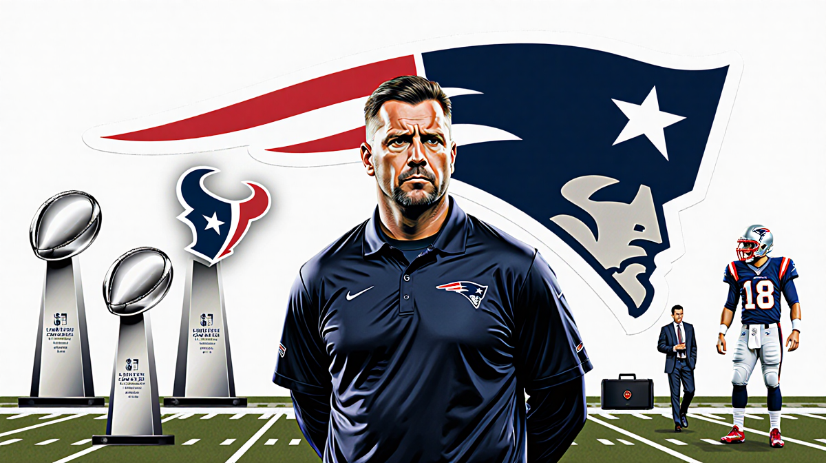 Mike Vrabel standing on football field with determined expression and Patriots logo backdrop of wins and Drake Maye gear.