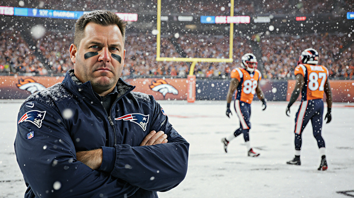 Mike Vrabel stands alone with arms crossed with Patriots logo on jacket in snowy championship backdrop and Broncos walking aw