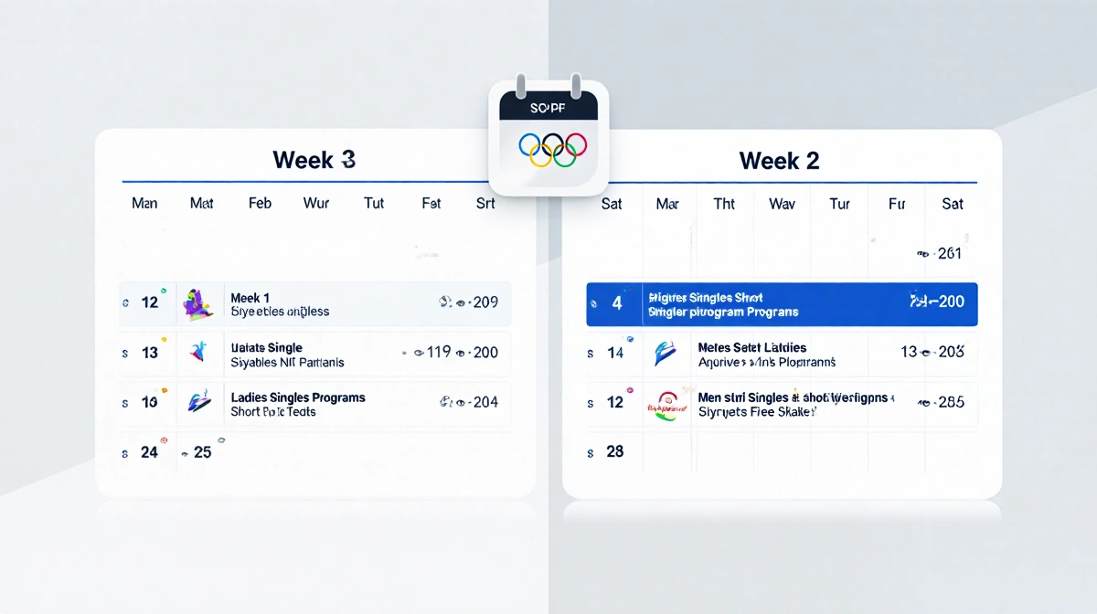Split Olympic calendar shows figure skating events with Week 1 short programs and Week 2 free skates