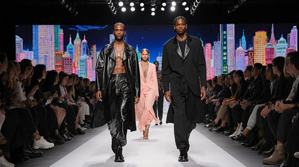 Maya and Levon Hawke walking the Milan runway with Rihanna and A$AP Rocky at the end while neon city lights glow behind