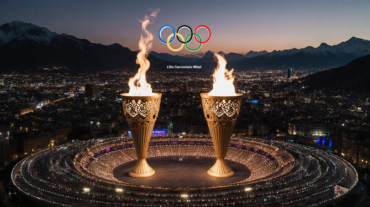 Two ornate Olympic cauldrons rise above Milan