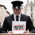Milanese city official holding a stamped document with red stamp reading Militia That Kills and Duomo in background