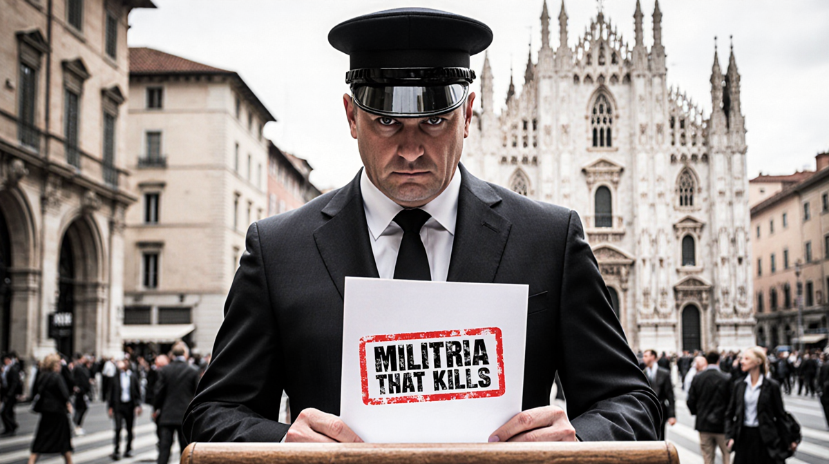 Milanese city official holding a stamped document with red stamp reading Militia That Kills and Duomo in background