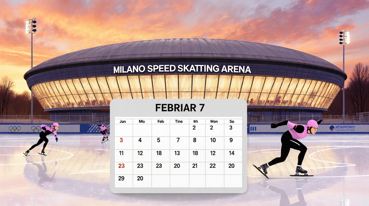 Milano Speed Skating Arena exterior glows at sunset with a schedule calendar in front and skaters racing on ice in background