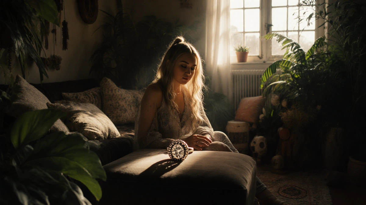 Miley Cyrus sits in cozy room with engagement ring on velvet cushion and bohemian decor surrounding her