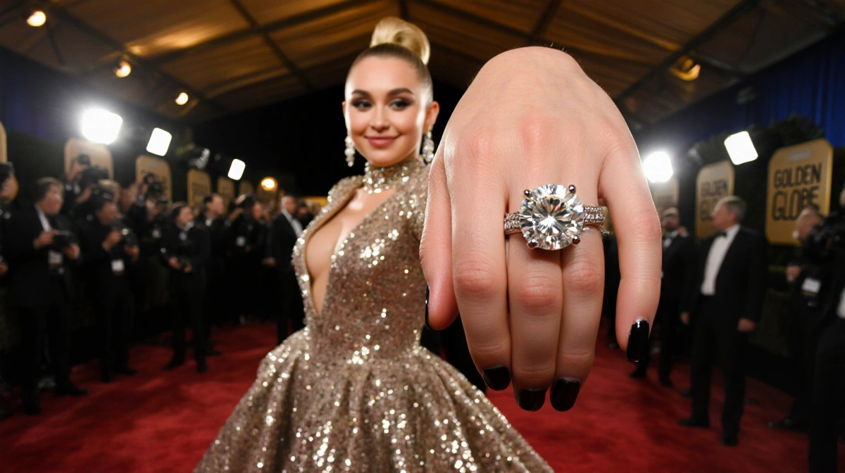 Miley Cyrus posing on red carpet with sequined gown and engagement ring flashing under golden lights