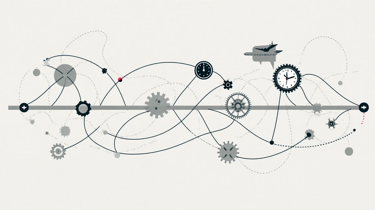 Fluid military roadmap branches intersect with clockwork gears showing dynamic decision-making in muted tones