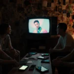 Millennials chat animatedly with laptops and phones while a retro TV shows a 2016 nostalgic music video with soft warm lighti