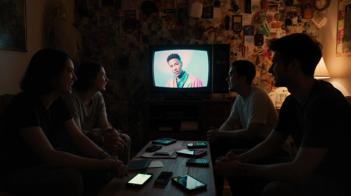 Millennials chat animatedly with laptops and phones while a retro TV shows a 2016 nostalgic music video with soft warm lighti