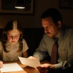 Millie Bobby Brown and David Harbour hold scripts at a wooden table with golden lighting showing their emotional Stranger Thi