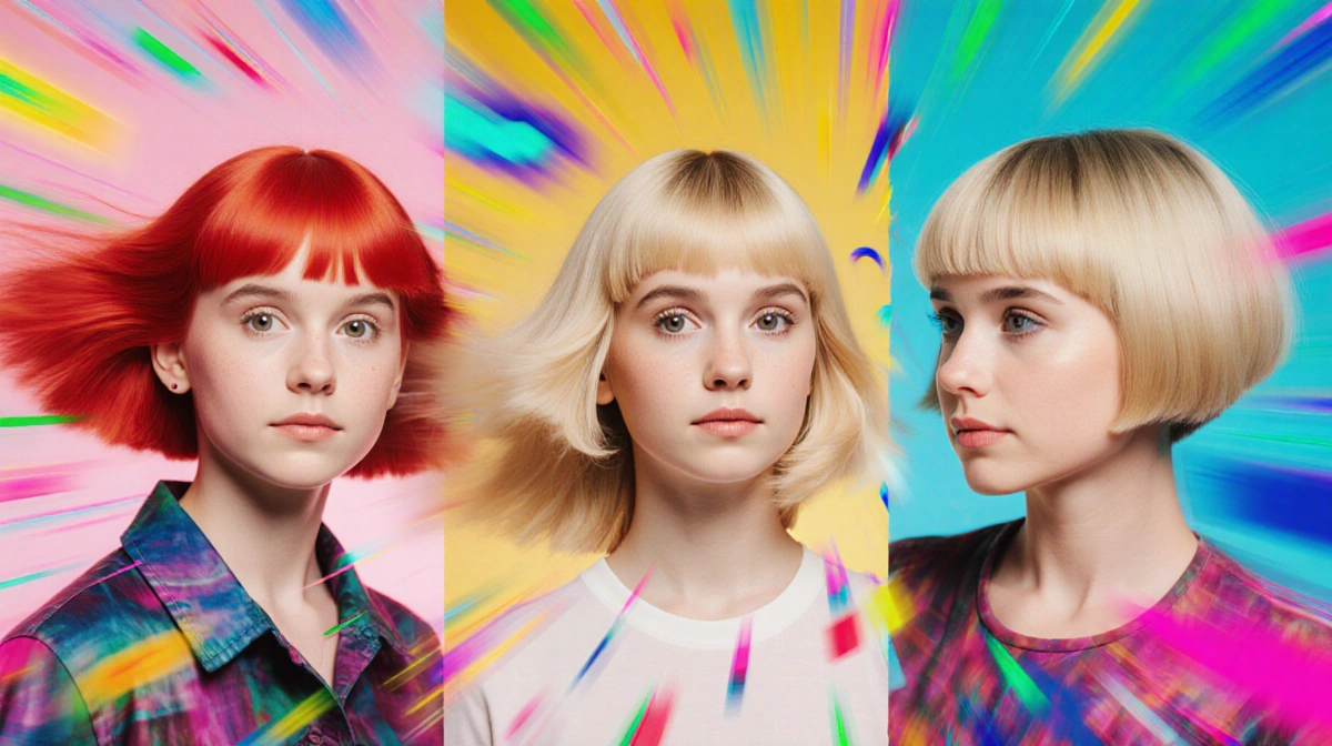 Millie Bobby Brown poses with split screen showing her red blonde and bob hairstyles with colorful animated transitions