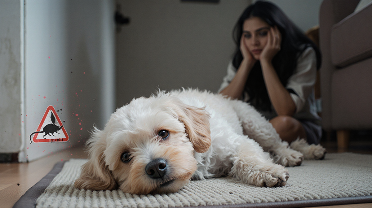Lifeless Maltese Poodle Milo lies on mat with faint rat poison in background and blurred owner in distance.