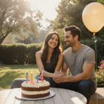 Milo Ventimiglia and Jarah Mariano holding hands with a birthday cake and balloons over patio greenery and love fills the air