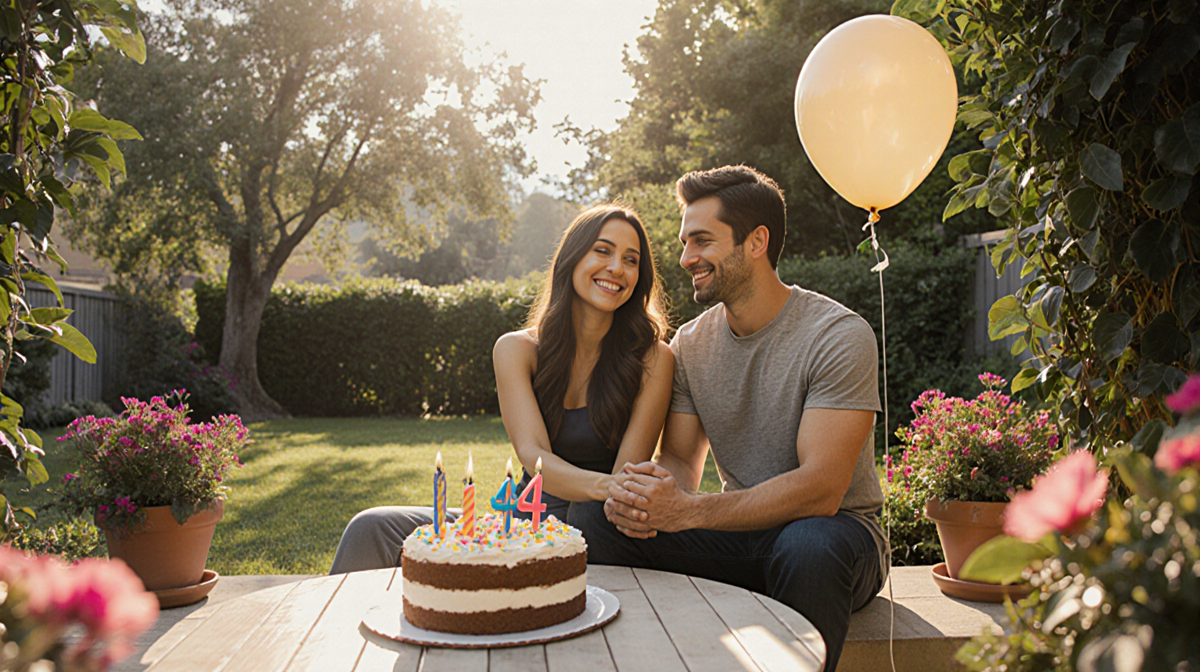 Milo Ventimiglia and Jarah Mariano holding hands with a birthday cake and balloons over patio greenery and love fills the air