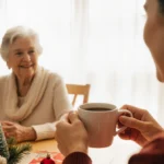 Mina Starsiak Hawk holds coffee while smiling at her mother Karen across the holiday table with warm golden light streaming t