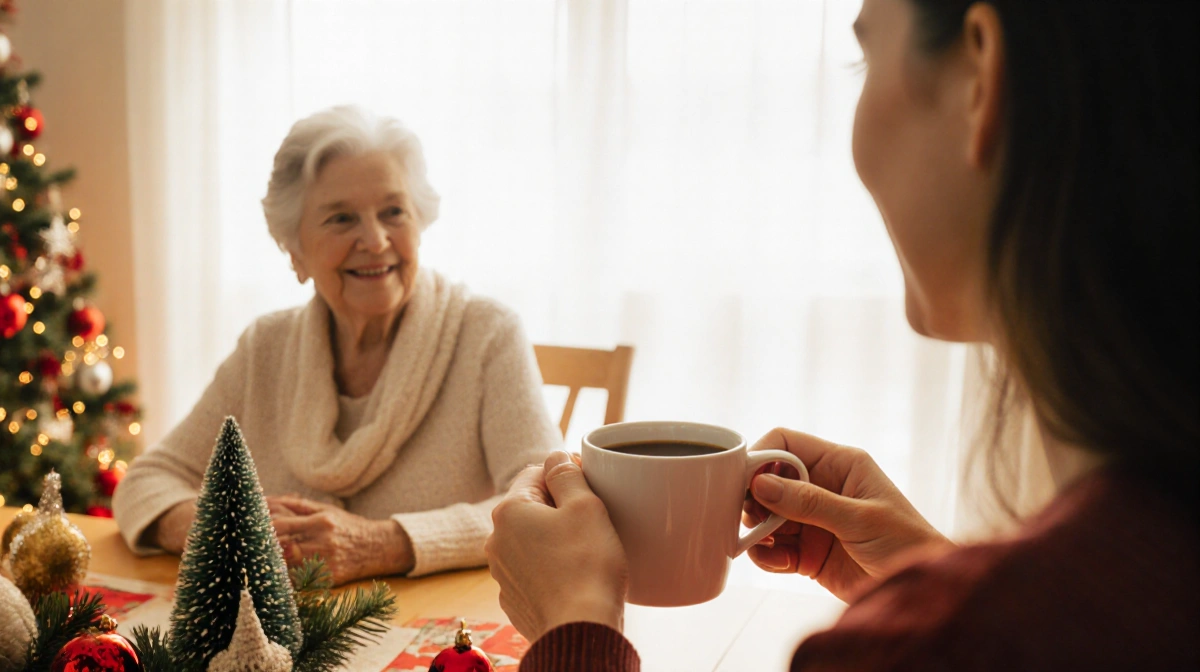 Mina Starsiak Hawk holds coffee while smiling at her mother Karen across the holiday table with warm golden light streaming t
