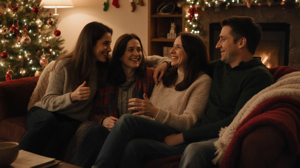 Mina Starsiak Hawk sits with her mom Karen on a cozy couch showing peaceful smiles during a family holiday gathering