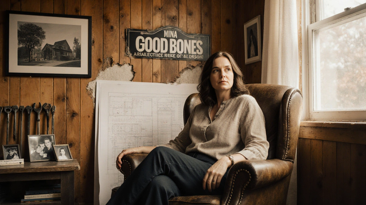 Mina Starsiak Hawk sits in worn leather armchair with renovation plans and Good Bones logo on wall behind her