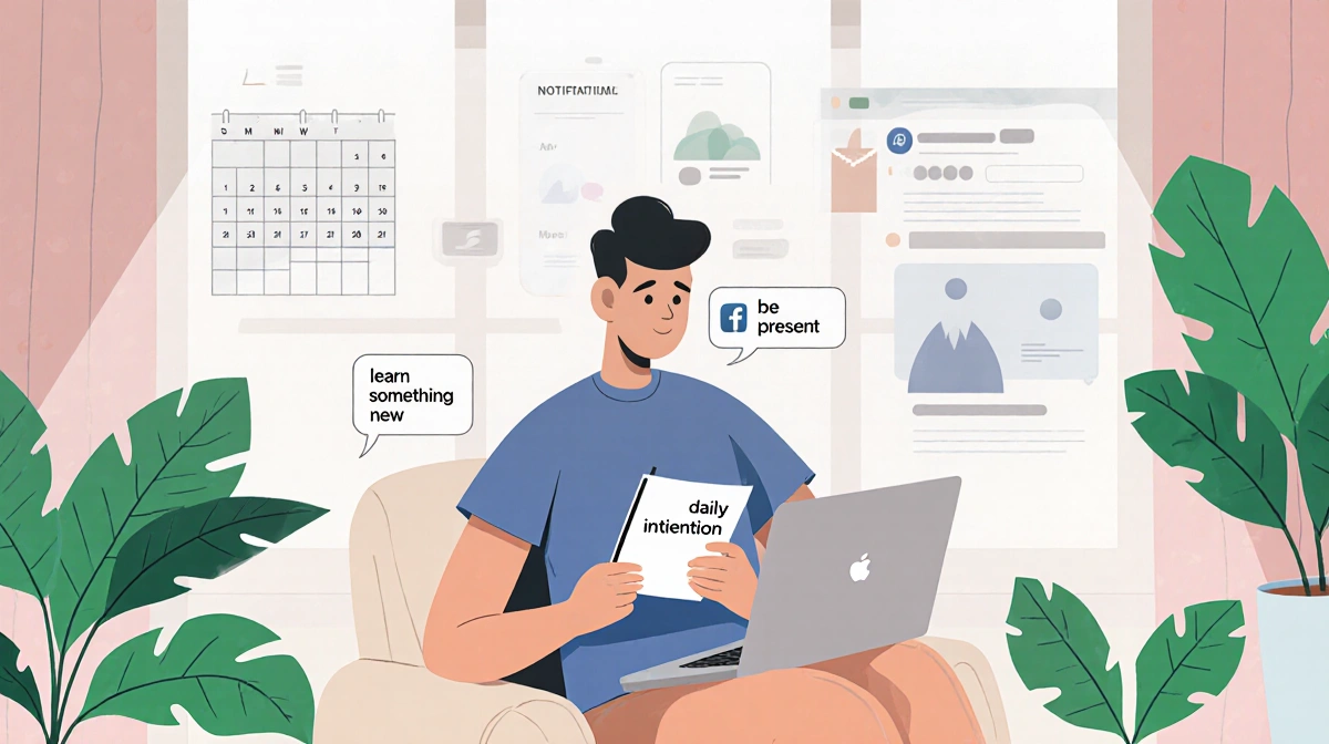 Person sitting at desk writing mindful intention on laptop with soft natural light and surrounding plants.