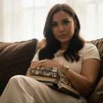 Mindy Kaling sits on couch holding photo albums with natural light streaming through window behind her