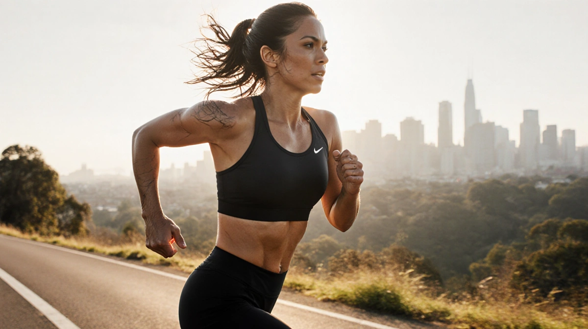 Mindy Kaling running along scenic trail with toned arms and city skyline behind her