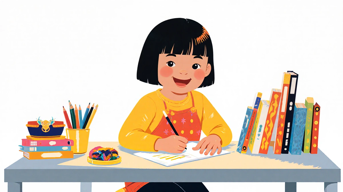 Ming Lee Simmons sits at desk with colorful art supplies and Korean heritage patterns showing youthful confidence