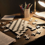 Cluttered desk holding a partially completed crossword puzzle with warm lamp light and coffee mug.
