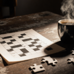 Crossword puzzle spread out on wooden table with steaming coffee and soft warm glow