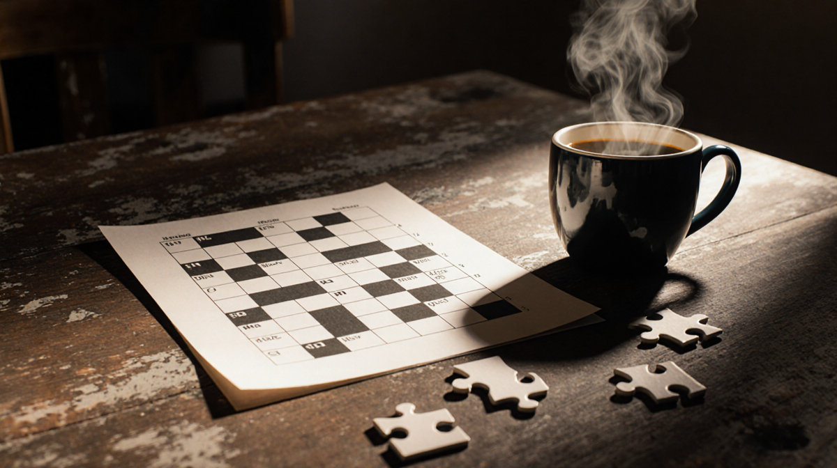 Crossword puzzle spread out on wooden table with steaming coffee and soft warm glow