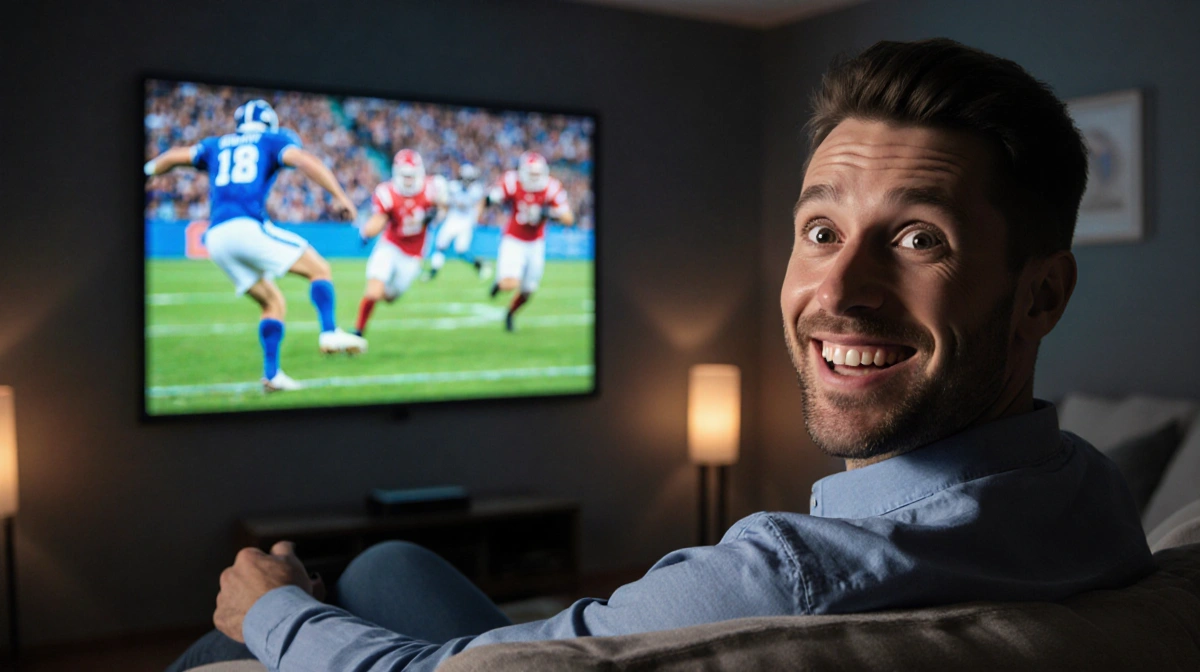 Excited fan watching football on mini projector with crystal clear image and cozy home theater setup