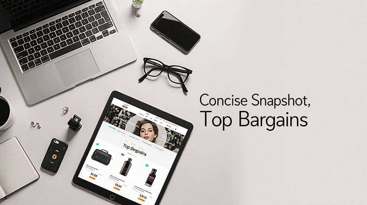 Minimalist table arranges a laptop tablet and smartphone with top bargains prices and discounts subtle snapshot gradient.