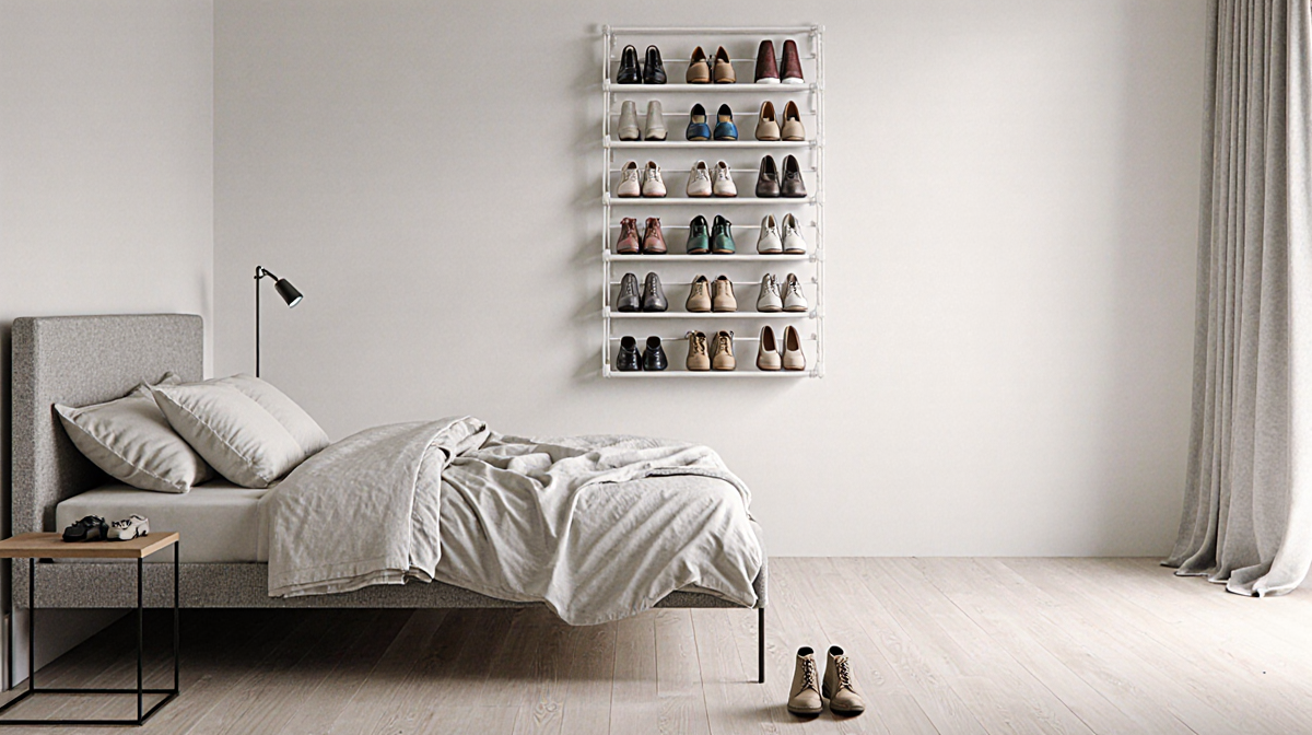 Bed sits in minimalist bedroom with shoe organizer above and colorful shoes and soft natural light