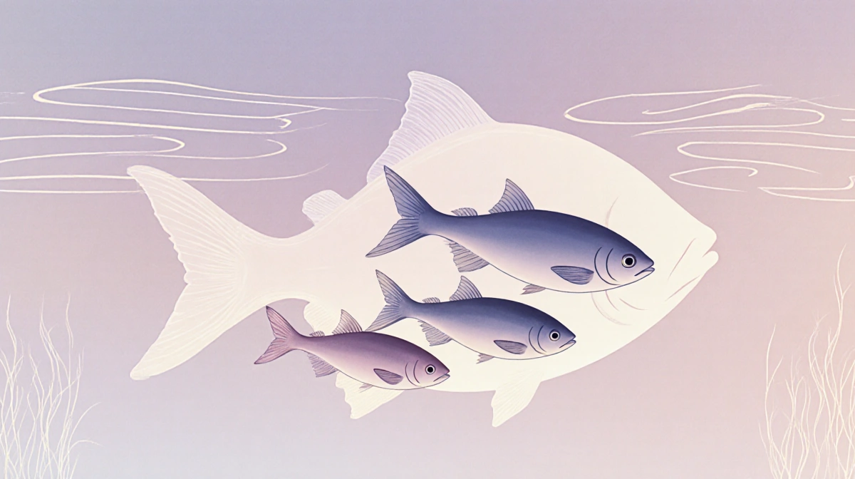 Three small fish swimming together with translucent larger outline and gentle pastel waves behind