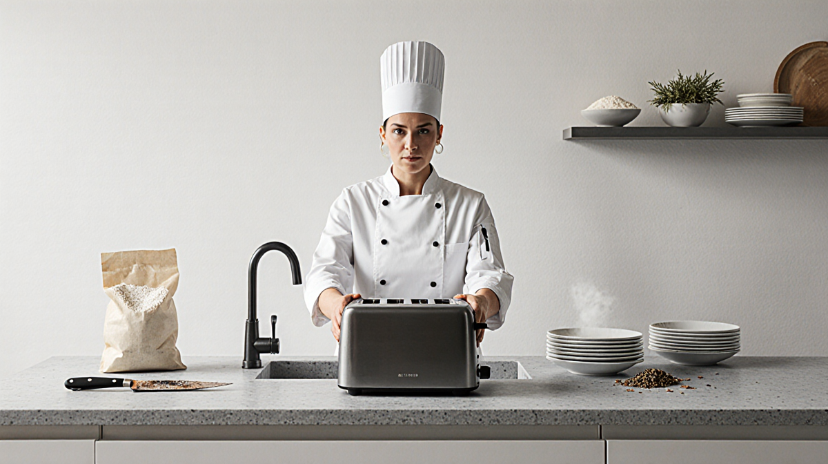 Kristen Kish chef standing at the sink with dirty dishes in a minimalist kitchen with a lone toaster and scattered utensils.