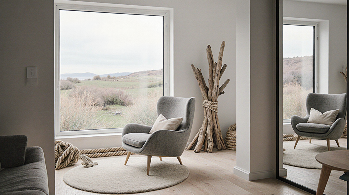 Luxurious chair sits near a window with a tranquil coastal view and driftwood accents