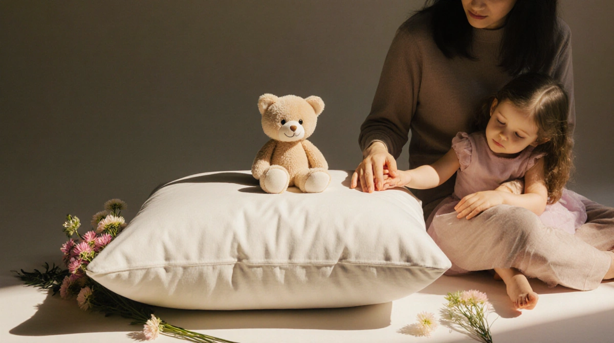 Mother and daughter holding hands beside white cushion with plush toy and fresh flowers creating peaceful self-care moment